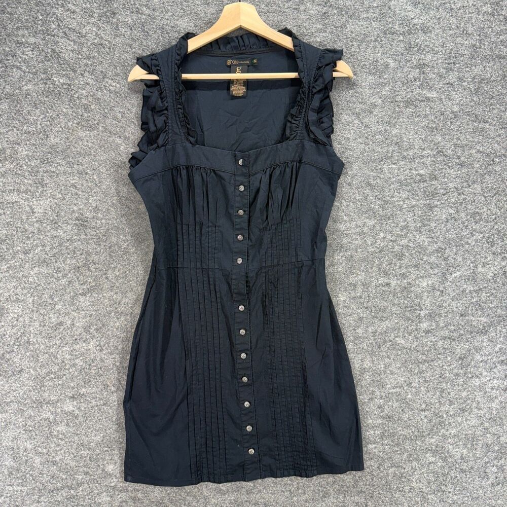 Grass Dress Women M Medium Black Sheath Short Square Neck Sleeveless Button